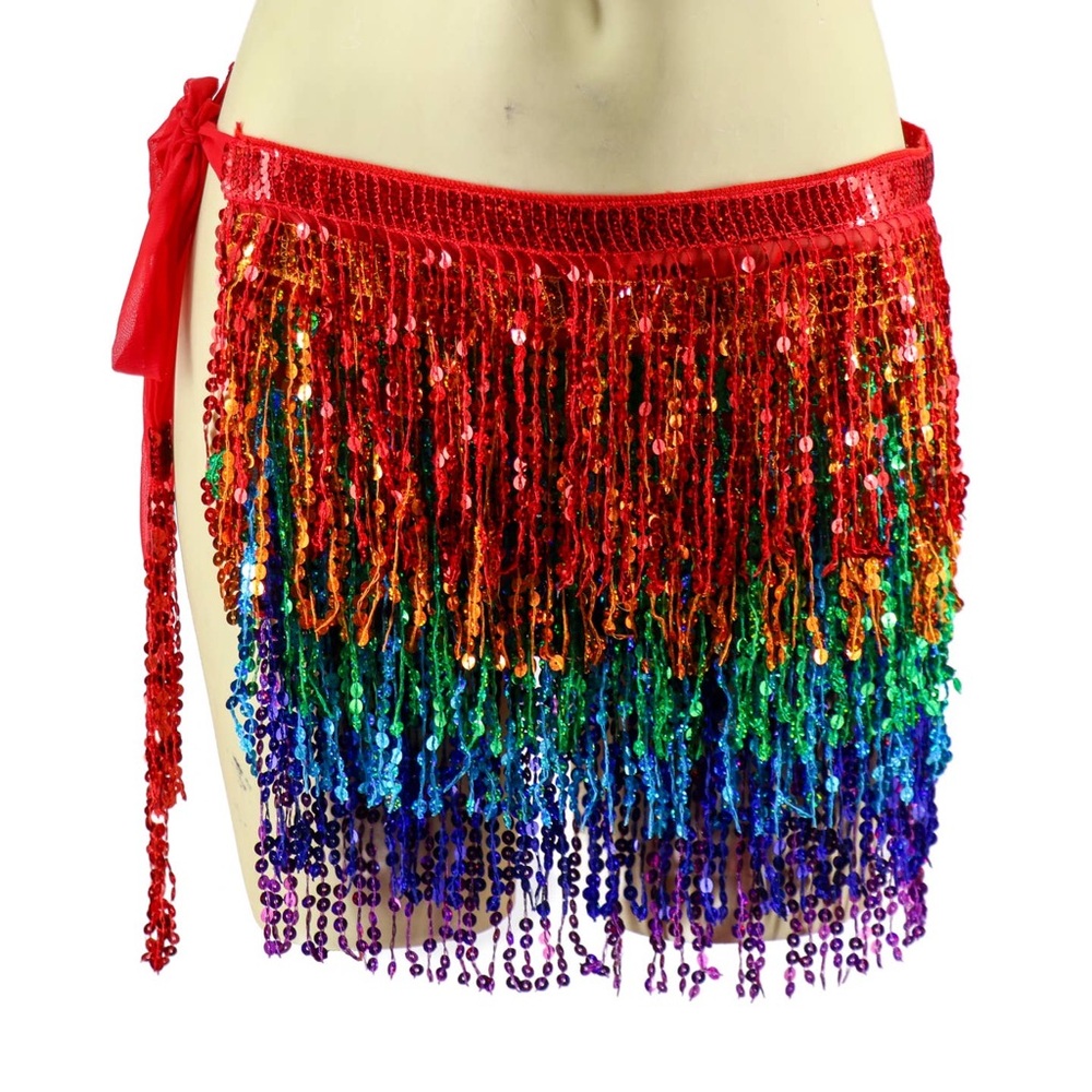 Nu Shuz Costumes Tie-Side Rainbow Sequin Fringe Wrap Around Mini Skirt